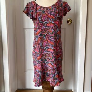 J. Crew Silk Paisley Print Mini Dress Short Sleeve Ruffles Pink Blue Green, Sz 4